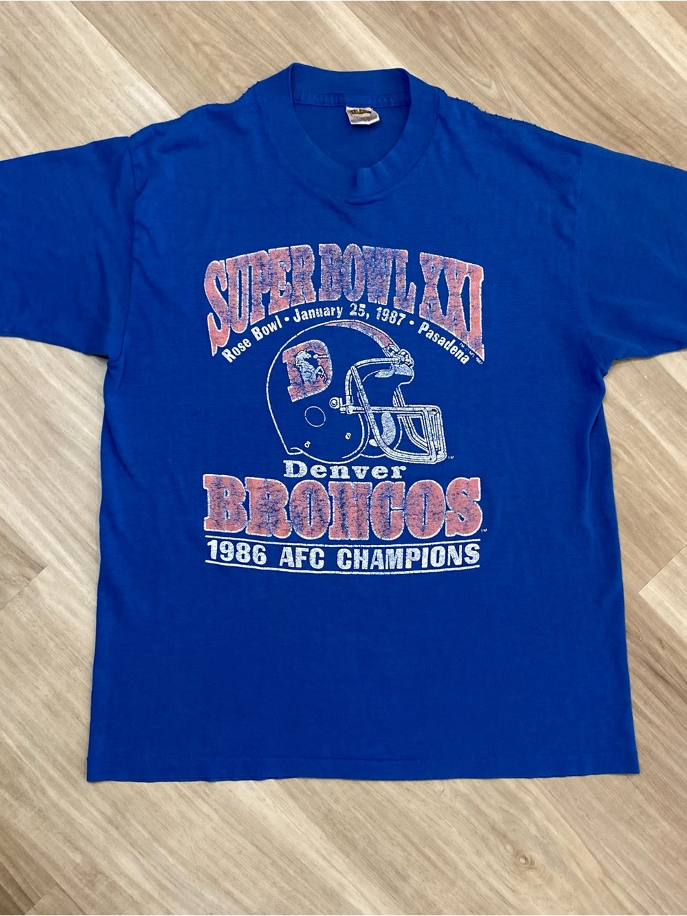 Vtg Denver Broncos T-Shirt Adult Large Blue 1986 AFC Champions Single Stitch